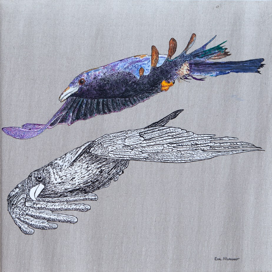 Image of a painting of an American Crow flying with its ghost above a gray background.