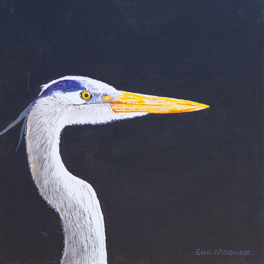 Image of a painting of a Great Blue heron with a black background.