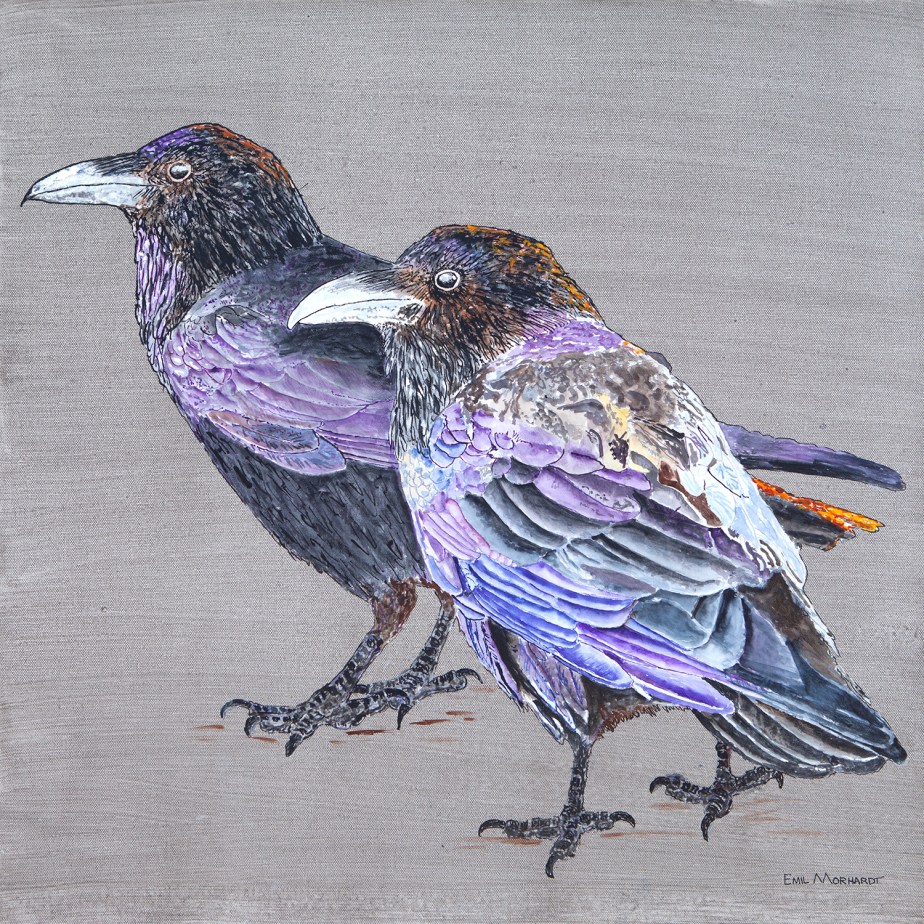 Image of a painting of two Common Ravens on a gray background.